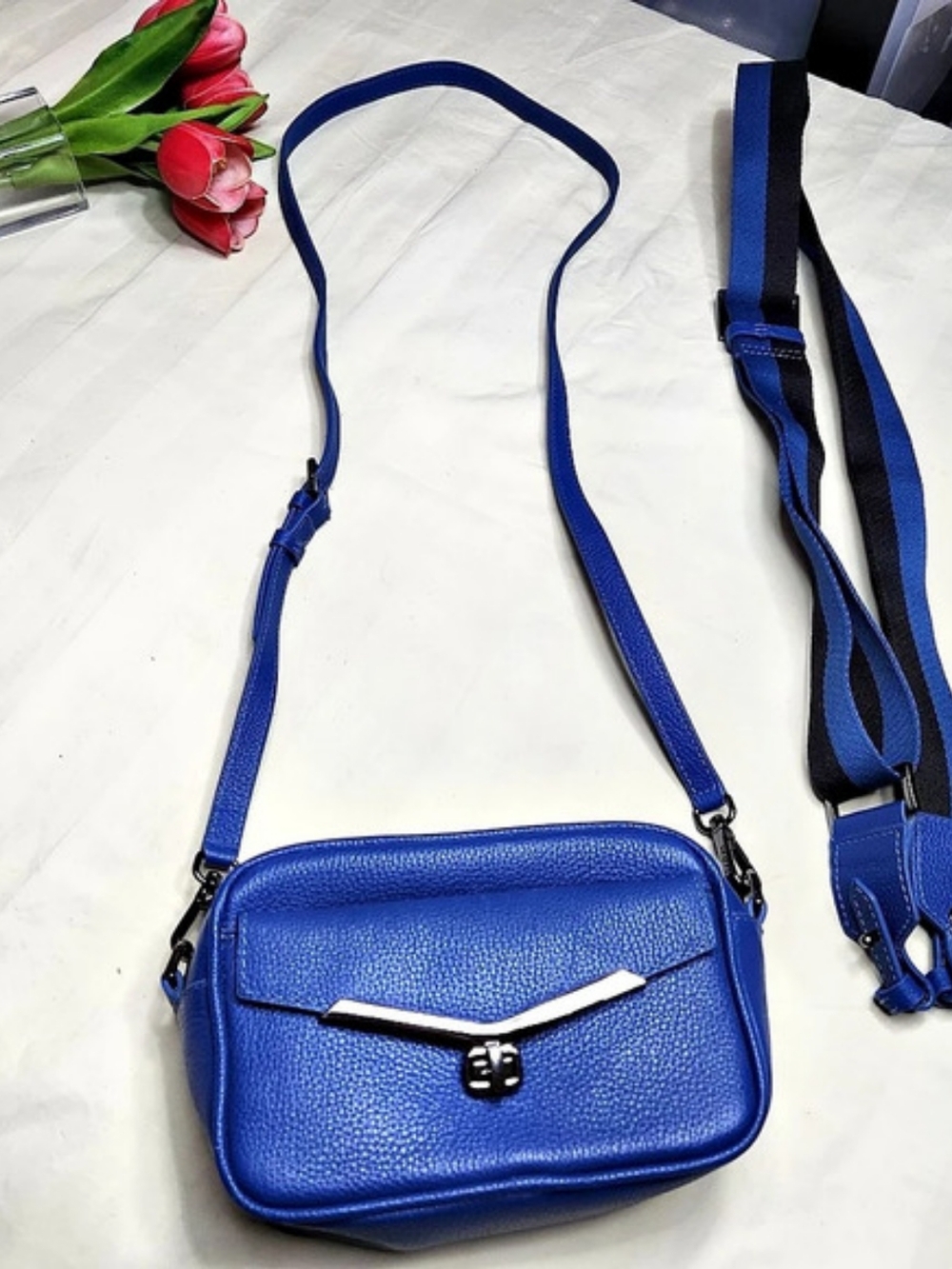 Botkier Mini Camera Crossbody bag in striking sapphire blue grained leather.